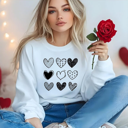 Valentines Hearts Woman Sweatshirt, Valentine Day Printed Sweater for Her, Nine Hearts Crewneck Jumper, Valentine Day Gifts for Girlfriend