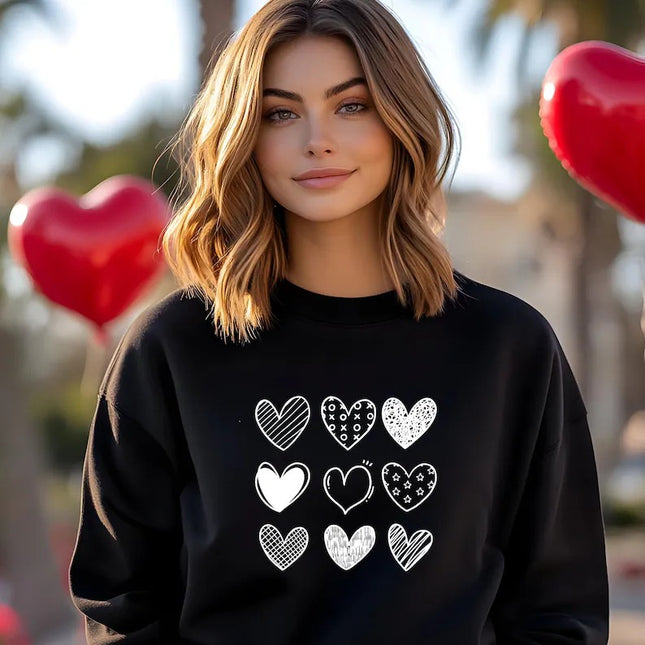 Valentines Hearts Woman Sweatshirt, Valentine Day Printed Sweater for Her, Nine Hearts Crewneck Jumper, Valentine Day Gifts for Girlfriend