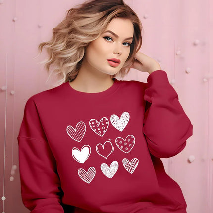 Valentines Hearts Woman Sweatshirt, Valentine Day Printed Sweater for Her, Nine Hearts Crewneck Jumper, Valentine Day Gifts for Girlfriend