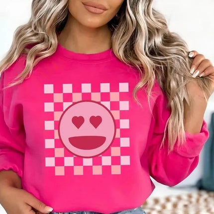Valentines Day Smiley Face Sweatshirt, Retro Happy Face Sweater for Women, Valentines Day Checkered Printed Crewneck Jumper, Gifts for Her