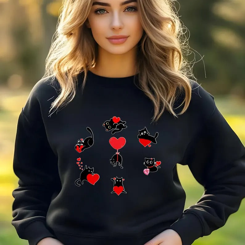 Black Cat Valentines Day Sweatshirt, Black Cat Valentine Sweater for Women, Cute Cats Love Day Printed Jumpers, Cat Lover Valentine Day Gift