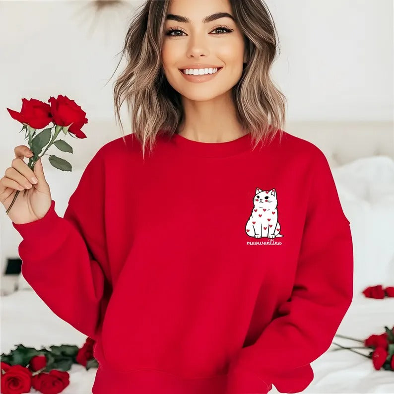 Cute Cat Valentine Sweatshirt, Cat Lover Meowentine Crewneck Sweater, Cat Valentine Monogrammed Printed Jumper, Valentine's Gifts for Her