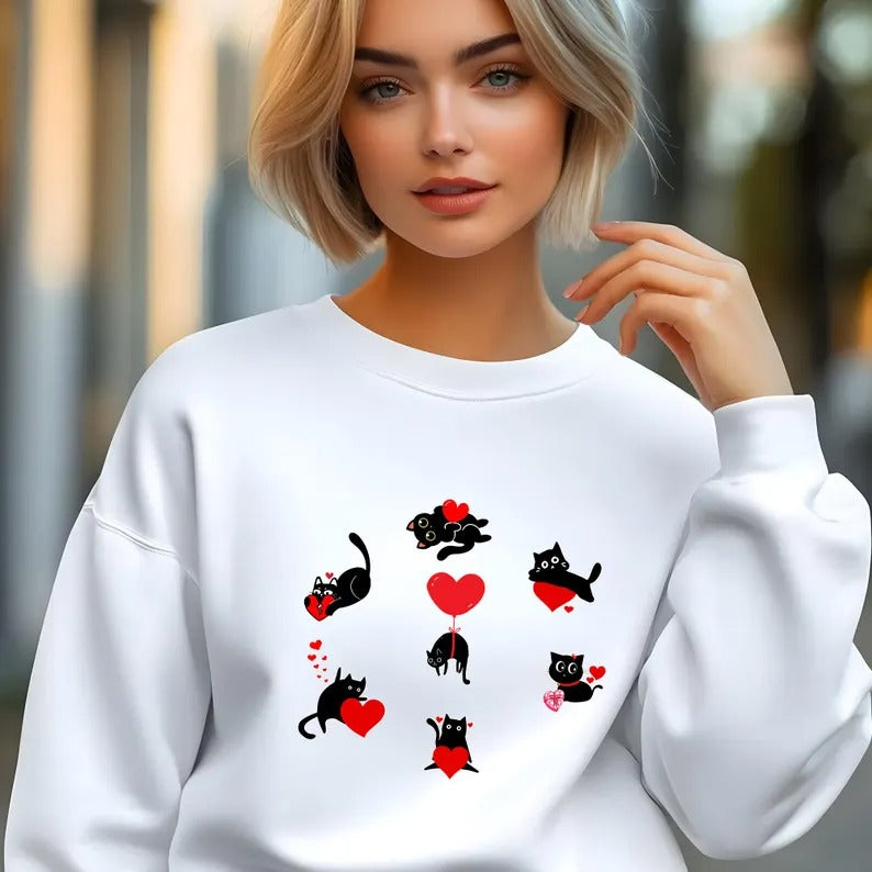 Black Cat Valentines Day Sweatshirt, Black Cat Valentine Sweater for Women, Cute Cats Love Day Printed Jumpers, Cat Lover Valentine Day Gift