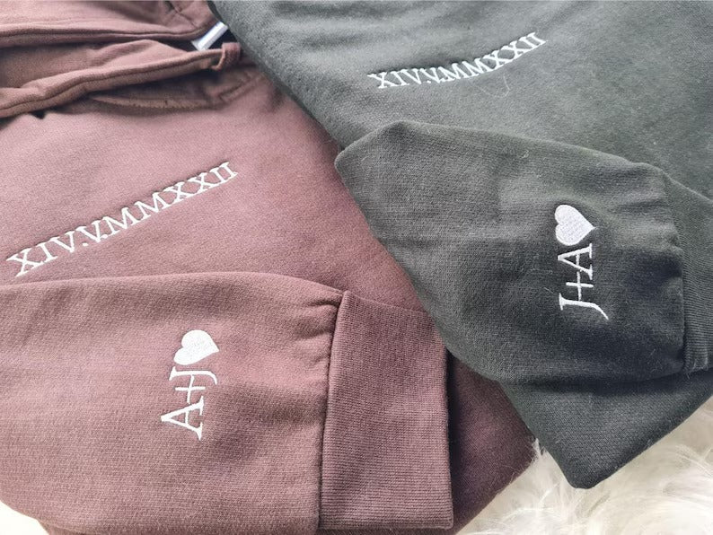 Custom Embroidered Roman Numeral Hoodie, Couple Valentines Matching Jumpers, Memorial Personalised Anniversary Date Hoodie, Gifts for BF GF