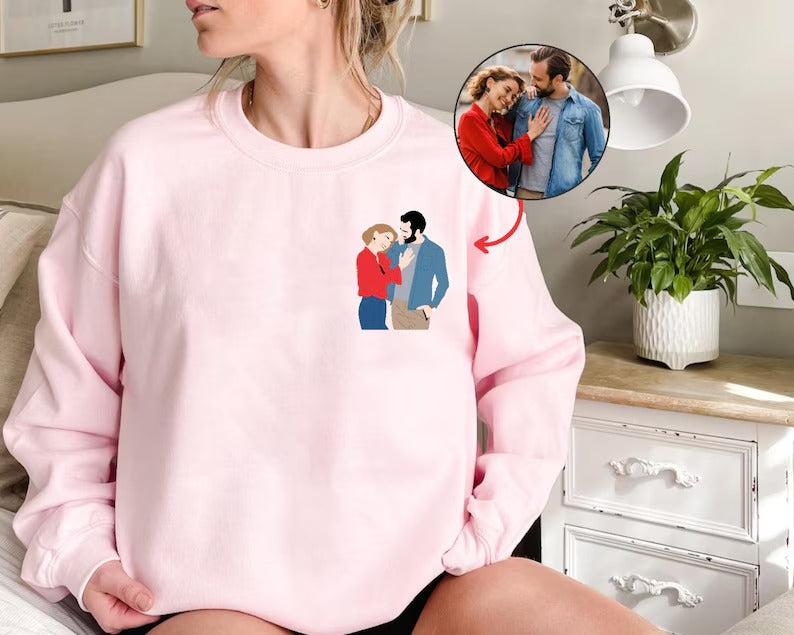 Custom Portrait from Photo Sweatshirt, Faceless Printed Sketch Valentines Sweater, Personalised Couple Matching Jumpers, Valentines Gifts