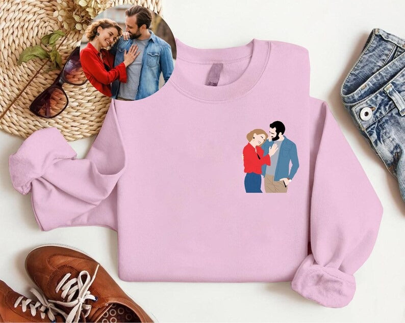 Custom Portrait from Photo Sweatshirt, Faceless Printed Sketch Valentines Sweater, Personalised Couple Matching Jumpers, Valentines Gifts