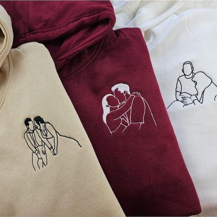 Couple Embroidered Portrait from Photo Hoodie, Personalised Photo Outline Drawing Sketch Hoody, Valentines Matching Jumpers, Boyfriend Gifts