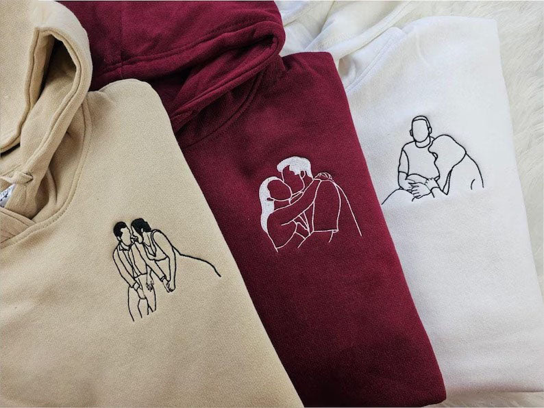 Couple Embroidered Portrait from Photo Hoodie, Personalised Photo Outline Drawing Sketch Hoody, Valentines Matching Jumpers, Boyfriend Gifts