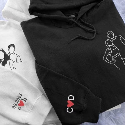 Couple Embroidered Portrait from Photo Hoodie, Personalised Photo Outline Drawing Sketch Hoody, Valentines Matching Jumpers, Boyfriend Gifts