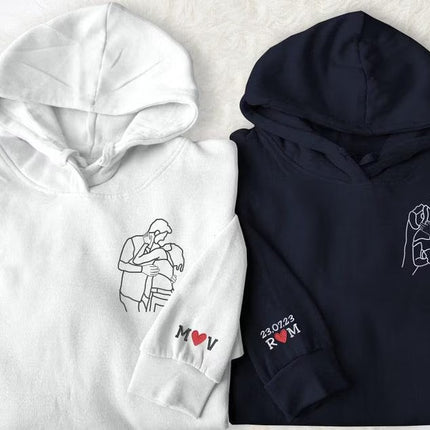 Couple Embroidered Portrait from Photo Hoodie, Personalised Photo Outline Drawing Sketch Hoody, Valentines Matching Jumpers, Boyfriend Gifts