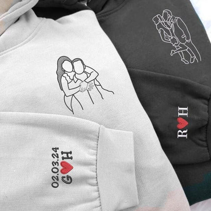 Couple Embroidered Portrait from Photo Hoodie, Personalised Photo Outline Drawing Sketch Hoody, Valentines Matching Jumpers, Boyfriend Gifts