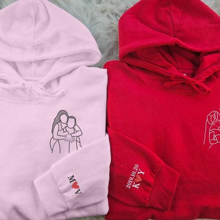 Couple Embroidered Portrait from Photo Hoodie, Personalised Photo Outline Drawing Sketch Hoody, Valentines Matching Jumpers, Boyfriend Gifts