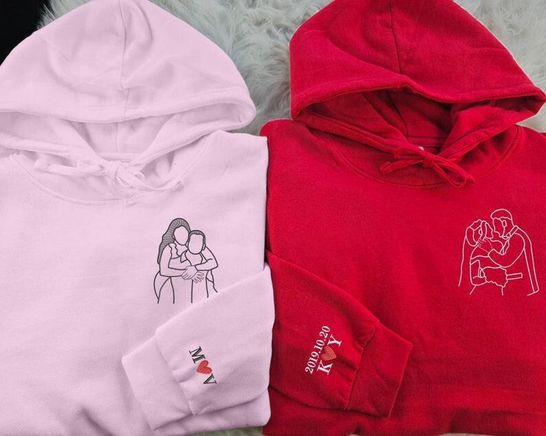 Couple Embroidered Portrait from Photo Hoodie, Personalised Photo Outline Drawing Sketch Hoody, Valentines Matching Jumpers, Boyfriend Gifts