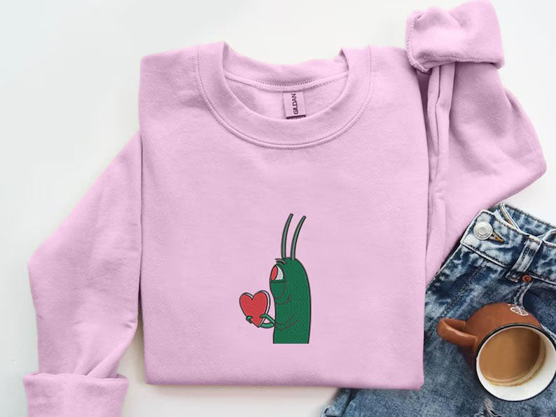 Plankton Heart Embroidered Sweatshirt, Funny Love Valentine Sweatshirt, Cute Plankton Crewneck Jumper, Gift for Him, Valentines Day Gifts