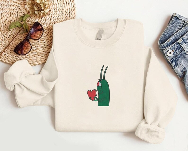 Plankton Heart Embroidered Sweatshirt, Funny Love Valentine Sweatshirt, Cute Plankton Crewneck Jumper, Gift for Him, Valentines Day Gifts