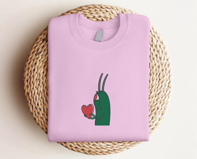 Plankton Heart Embroidered Sweatshirt, Funny Love Valentine Sweatshirt, Cute Plankton Crewneck Jumper, Gift for Him, Valentines Day Gifts