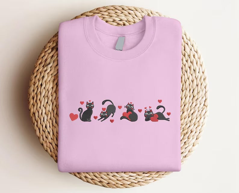 Valentines Black Cats Sweatshirt, Cats with Love Hearts Embroidered Jumpers, Cat Lovers Valentines Day Sweater, Valentines Day Gift for Her