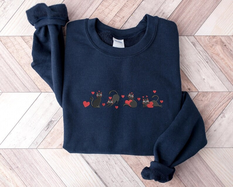 Valentines Black Cats Sweatshirt, Cats with Love Hearts Embroidered Jumpers, Cat Lovers Valentines Day Sweater, Valentines Day Gift for Her