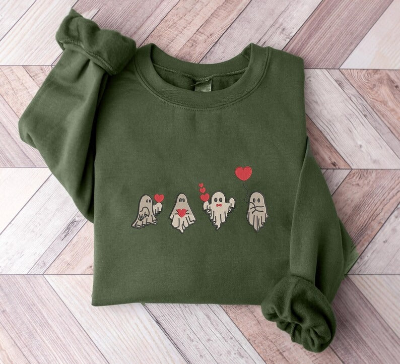 Valentines Day Ghost Sweatshirt Embroidered Ghosts with Hearts Jumper, Spooky Valentines Sweater, Be my Boo Tops, Funny Valentines Day Gifts