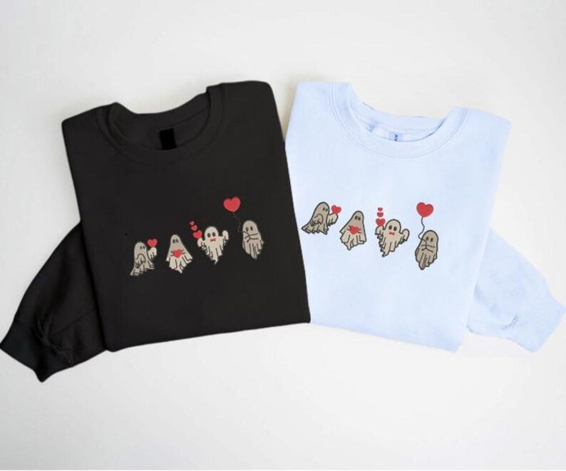 Valentines Day Ghost Sweatshirt Embroidered Ghosts with Hearts Jumper, Spooky Valentines Sweater, Be my Boo Tops, Funny Valentines Day Gifts