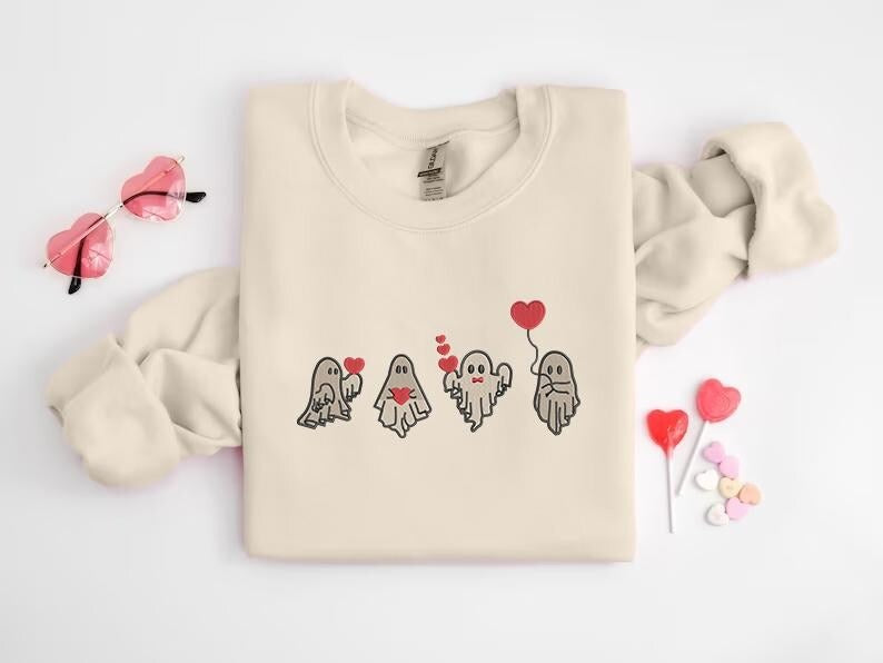 Valentines Day Ghost Sweatshirt Embroidered Ghosts with Hearts Jumper, Spooky Valentines Sweater, Be my Boo Tops, Funny Valentines Day Gifts