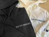 Custom Embroidered Roman Numeral Hoodie, Couple Valentines Matching Jumpers, Memorial Personalised Anniversary Date Hoodie, Gifts for BF GF