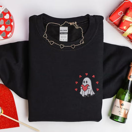 Valentines Ghost Sweatshirt, Ghost with Heart Embroidered Sweater, Cute Love Ghost Valentines Crewneck Jumper, Gift for Him, Valentines Gift