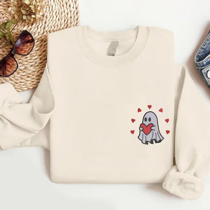 Valentines Ghost Sweatshirt, Ghost with Heart Embroidered Sweater, Cute Love Ghost Valentines Crewneck Jumper, Gift for Him, Valentines Gift