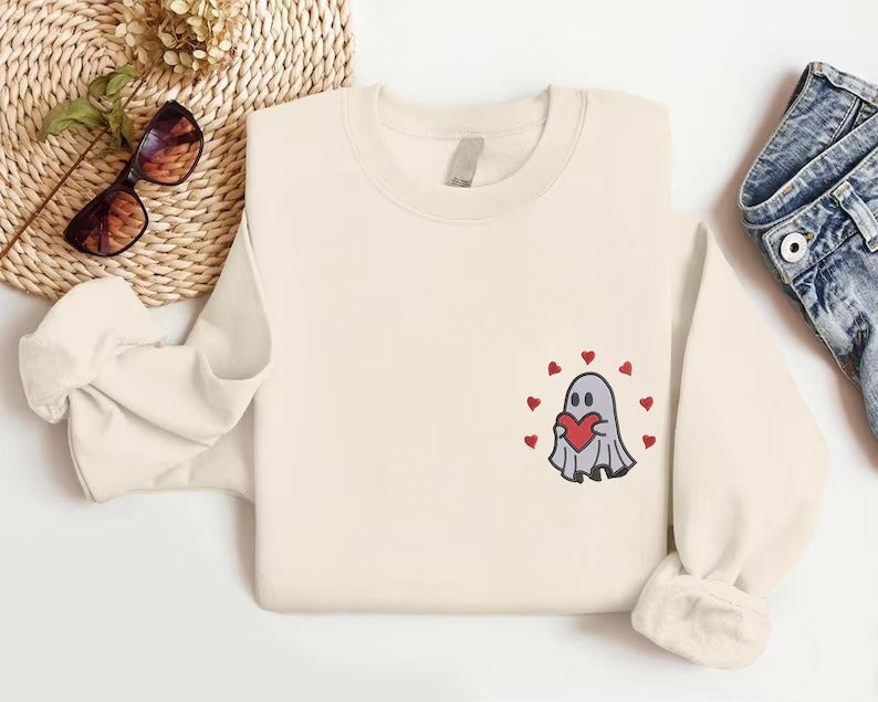 Valentines Ghost Sweatshirt, Ghost with Heart Embroidered Sweater, Cute Love Ghost Valentines Crewneck Jumper, Gift for Him, Valentines Gift