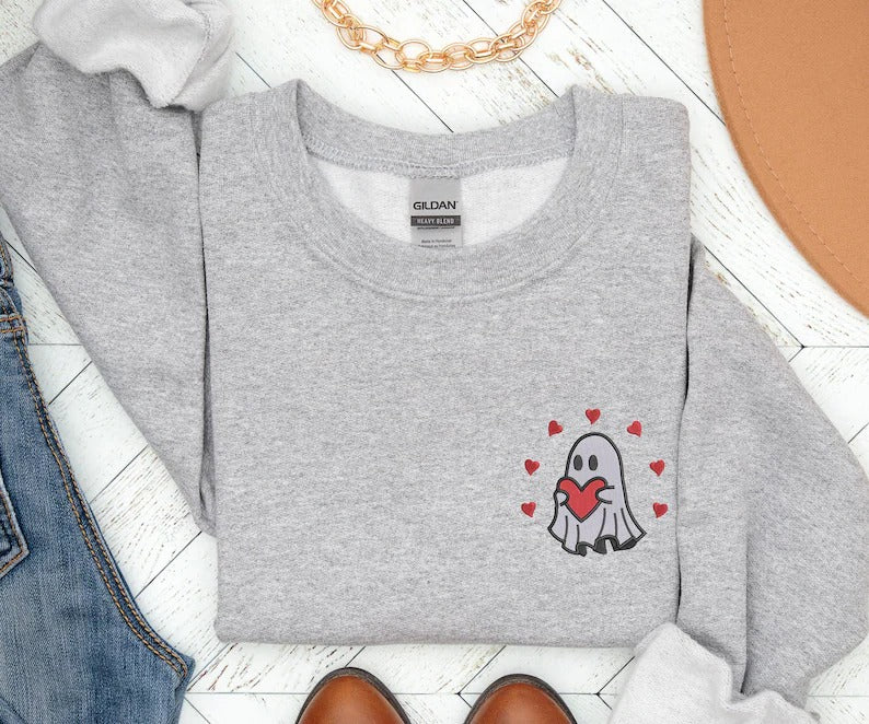 Valentines Ghost Sweatshirt, Ghost with Heart Embroidered Sweater, Cute Love Ghost Valentines Crewneck Jumper, Gift for Him, Valentines Gift