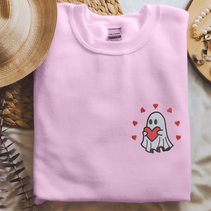 Valentines Ghost Sweatshirt, Ghost with Heart Embroidered Sweater, Cute Love Ghost Valentines Crewneck Jumper, Gift for Him, Valentines Gift