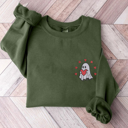 Valentines Ghost Sweatshirt, Ghost with Heart Embroidered Sweater, Cute Love Ghost Valentines Crewneck Jumper, Gift for Him, Valentines Gift