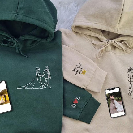 Embroidered Couple Portrait Hoodie, Personalised Initials His and Hers Jumper, Outline Drawing from Photo Hoody, Valentines Day Gift for Him