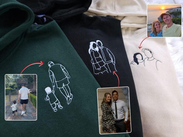 Embroidered Couple Portrait Hoodie, Personalised Initials His and Hers Jumper, Outline Drawing from Photo Hoody, Valentines Day Gift for Him