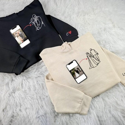 Embroidered Couple Portrait Hoodie, Personalised Initials His and Hers Jumper, Outline Drawing from Photo Hoody, Valentines Day Gift for Him