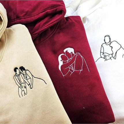 Embroidered Couple Portrait Hoodie, Personalised Initials His and Hers Jumper, Outline Drawing from Photo Hoody, Valentines Day Gift for Him