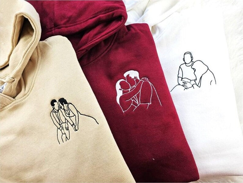 Embroidered Couple Portrait Hoodie, Personalised Initials His and Hers Jumper, Outline Drawing from Photo Hoody, Valentines Day Gift for Him