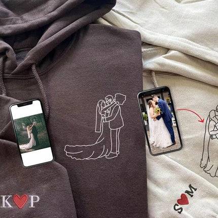Embroidered Couple Portrait Hoodie, Personalised Initials His and Hers Jumper, Outline Drawing from Photo Hoody, Valentines Day Gift for Him