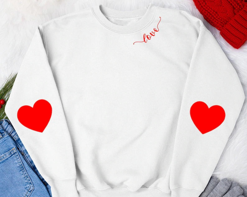 Valentines Elbow Heart Patch Sweatshirts, Teacher Valentine Heart Printed Crewnecks, Love Heart Sweatshirt, Valentine Tops, Valentine Gifts