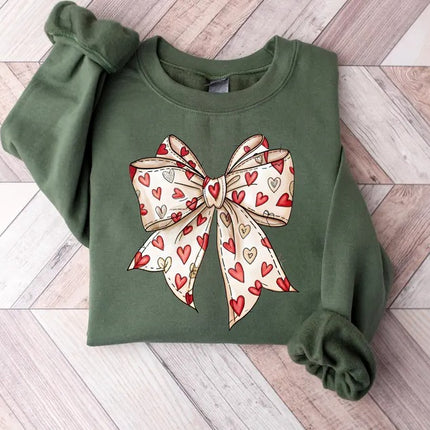 Coquette Valentine Sweatshirt, Retro Valentine Heart Bow Printed Sweaters, Valentine's Day Bow Jumpers for Her, Special Gifts for Girlfriend