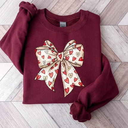 Coquette Valentine Sweatshirt, Retro Valentine Heart Bow Printed Sweaters, Valentine's Day Bow Jumpers for Her, Special Gifts for Girlfriend