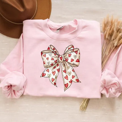 Coquette Valentine Sweatshirt, Retro Valentine Heart Bow Printed Sweaters, Valentine's Day Bow Jumpers for Her, Special Gifts for Girlfriend
