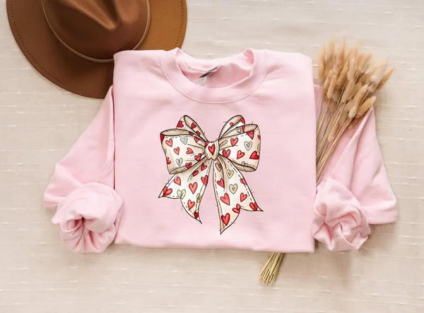 Coquette Valentine Sweatshirt, Retro Valentine Heart Bow Printed Sweaters, Valentine's Day Bow Jumpers for Her, Special Gifts for Girlfriend