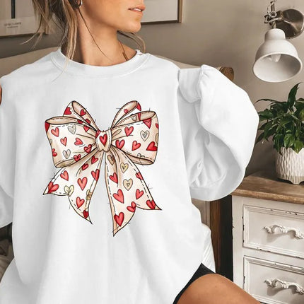 Coquette Valentine Sweatshirt, Retro Valentine Heart Bow Printed Sweaters, Valentine's Day Bow Jumpers for Her, Special Gifts for Girlfriend