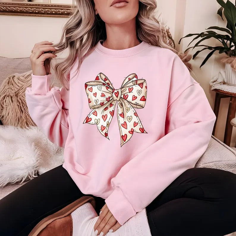 Coquette Valentine Sweatshirt, Retro Valentine Heart Bow Printed Sweaters, Valentine's Day Bow Jumpers for Her, Special Gifts for Girlfriend