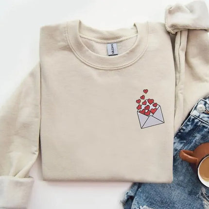 Embroidered Valentines Heart Sweatshirt, Love Letter Valentines Day Crewneck, Sweaters for Her, Comfy Colors Jumpers, Valentines Day Gifts