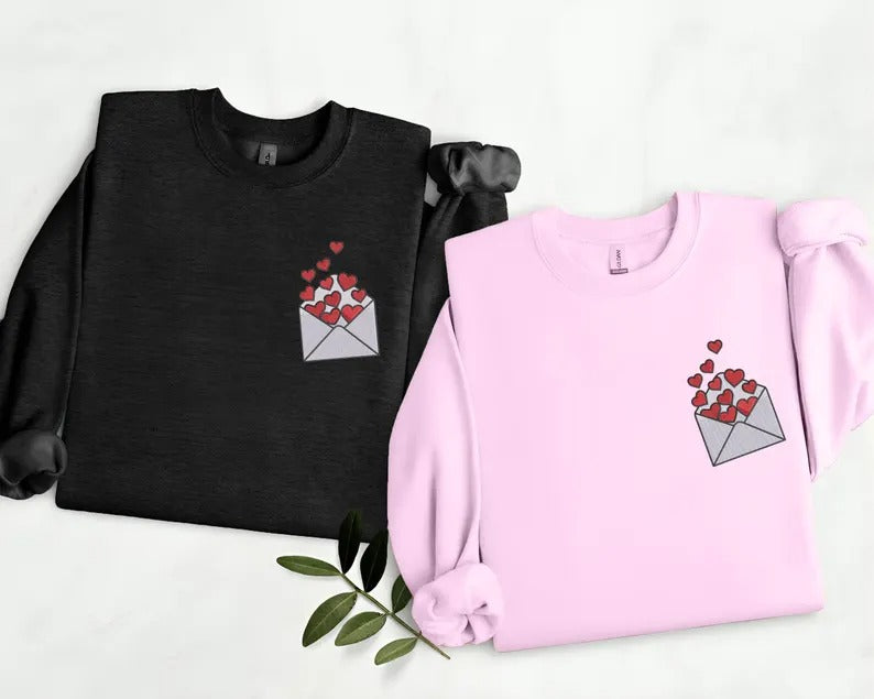 Embroidered Valentines Heart Sweatshirt, Love Letter Valentines Day Crewneck, Sweaters for Her, Comfy Colors Jumpers, Valentines Day Gifts