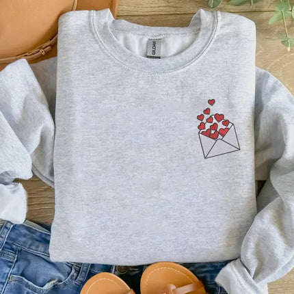 Embroidered Valentines Heart Sweatshirt, Love Letter Valentines Day Crewneck, Sweaters for Her, Comfy Colors Jumpers, Valentines Day Gifts