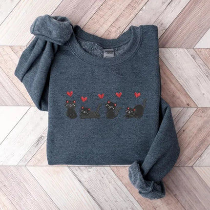 Valentines Cats Sweatshirt, Embroidered Cats Valentines Day Sweater, Valentines Crewneck for Her, Sweatshirt for Girlfriend, Cat Lover Gifts