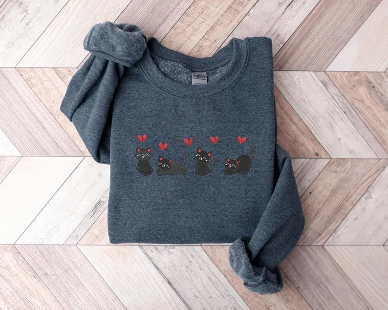 Valentines Cats Sweatshirt, Embroidered Cats Valentines Day Sweater, Valentines Crewneck for Her, Sweatshirt for Girlfriend, Cat Lover Gifts